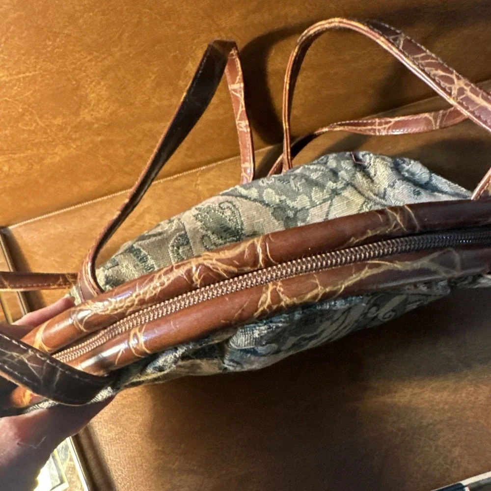 Vintage Brown Floral Tapestry Shoulder Bag Brown Leather Trim